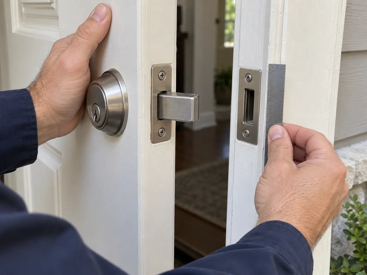 Locksmith checking a front-door deadbolt and strike alignment.