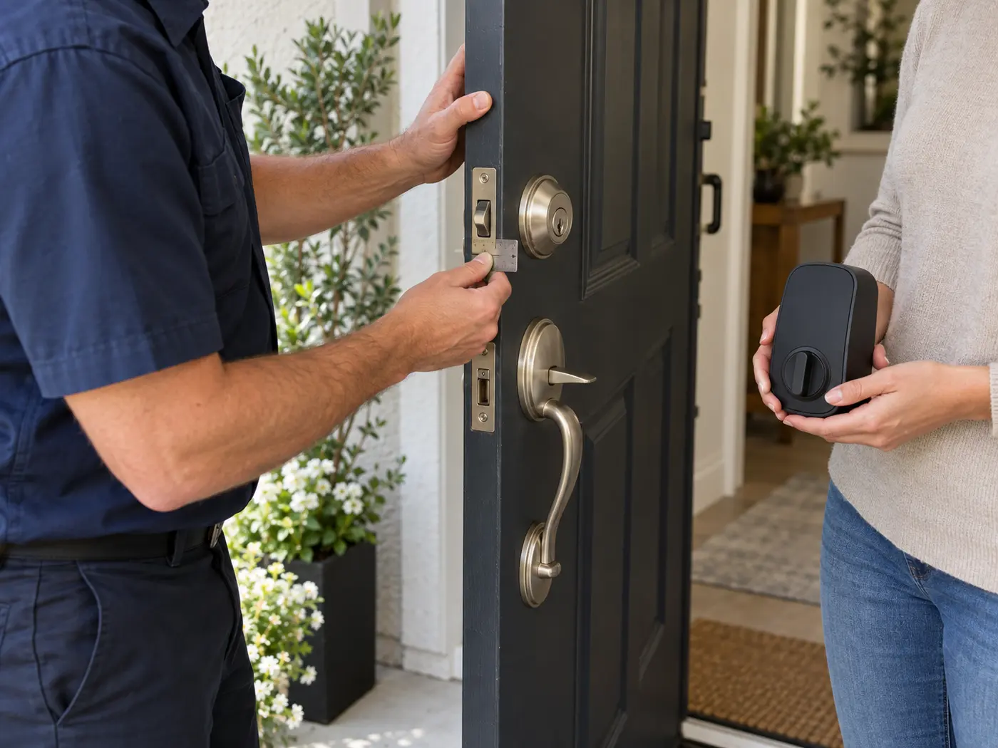 Locksmith checking existing front-door hardware while a homeowner holds an electronic smart lock.