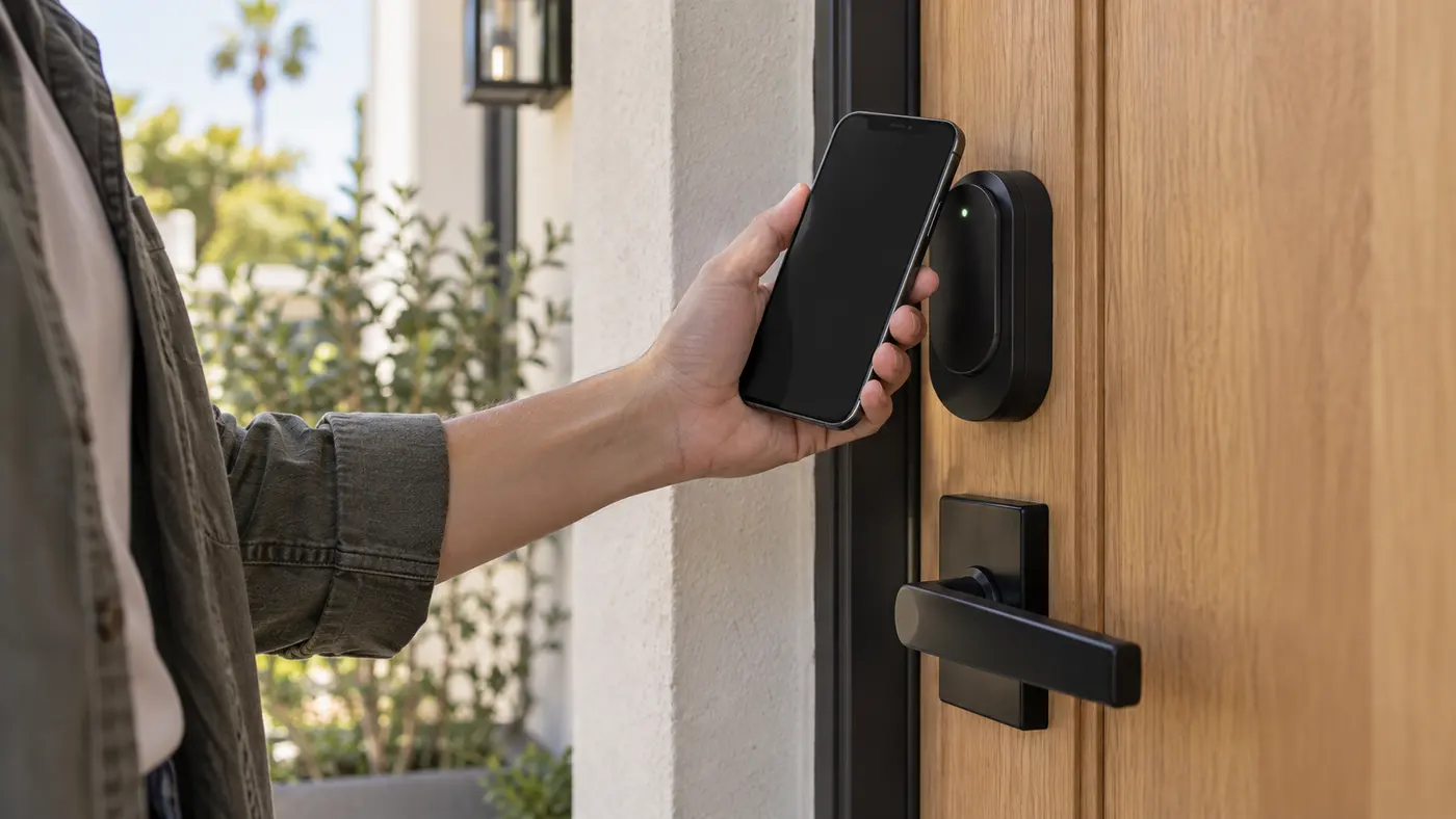 Homeowner holding a smartphone near a front-door smart lock reader.