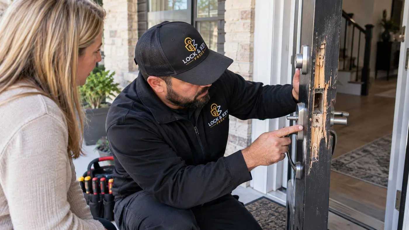 Lock & Key Pros locksmith assessing and repairing lock damage after a break-in in Tarzana, California