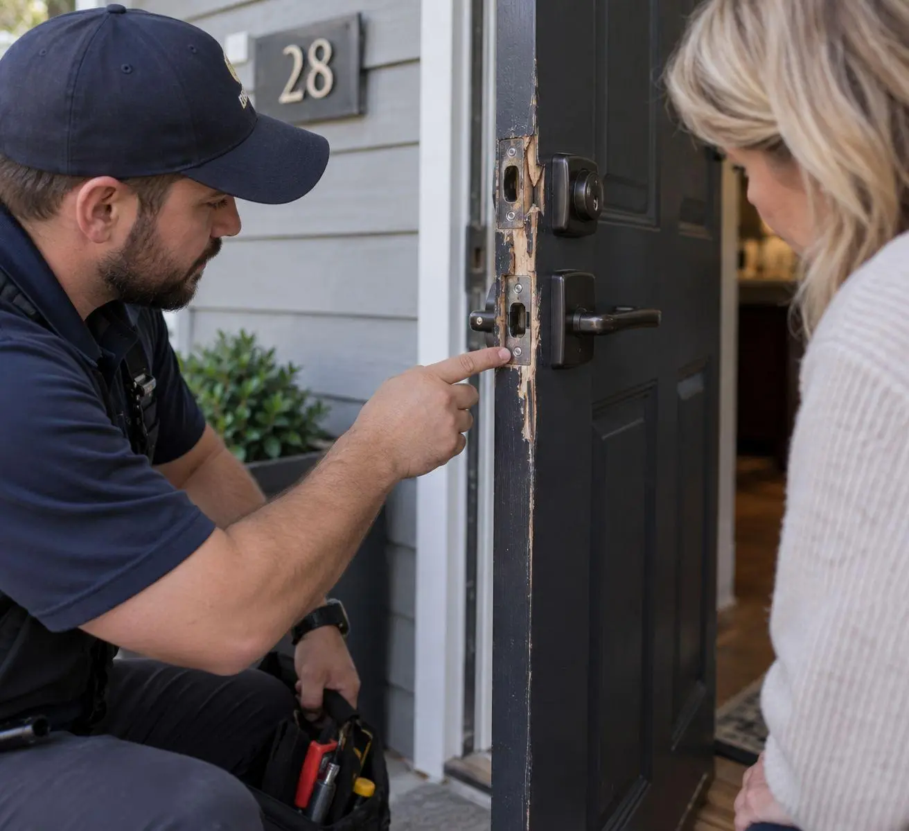 Lock & Key Pros locksmith assessing and repairing lock damage after a break-in in Tarzana, California