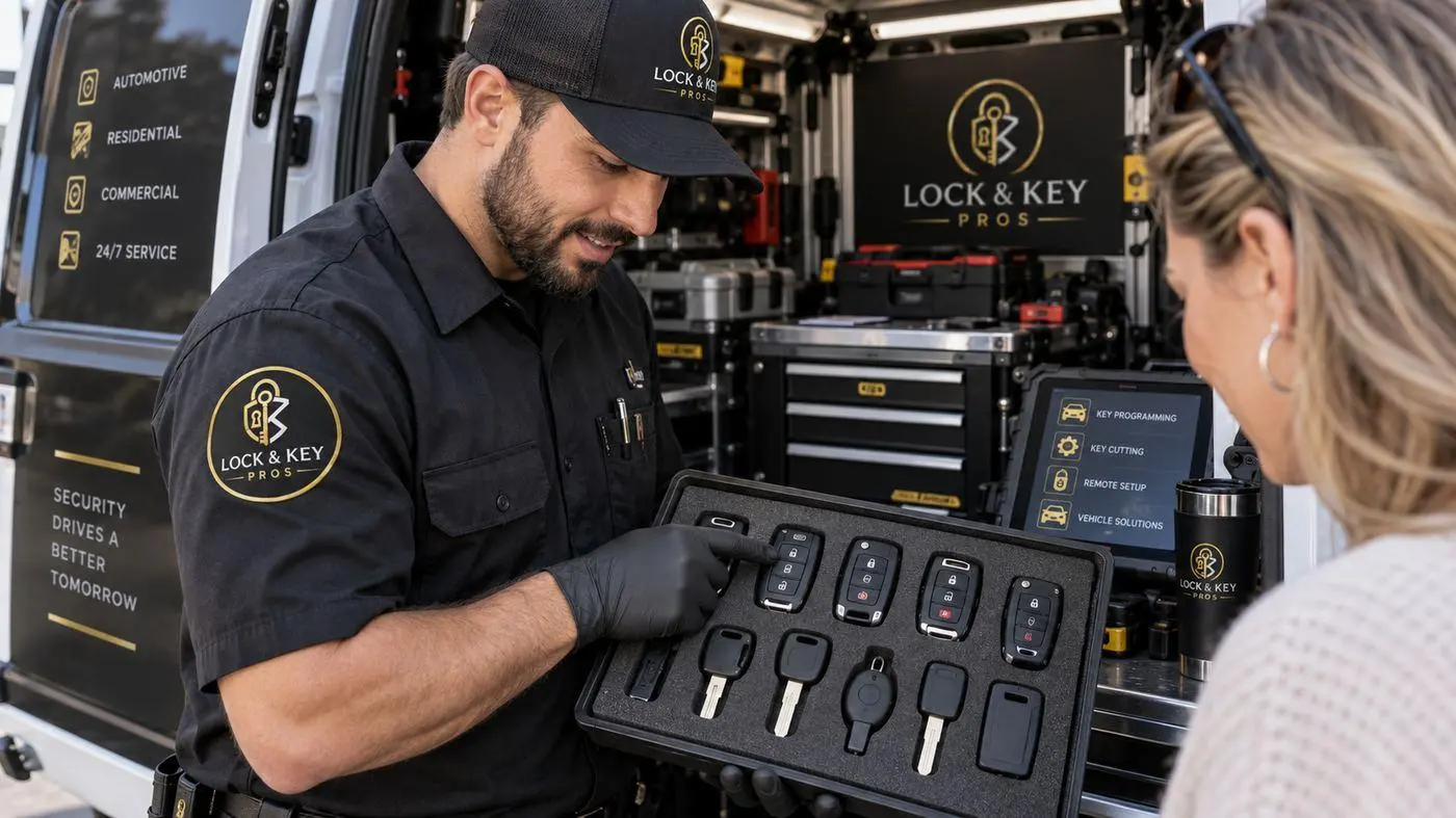 Lock & Key Pros technician preparing a replacement car key in Tarzana, California