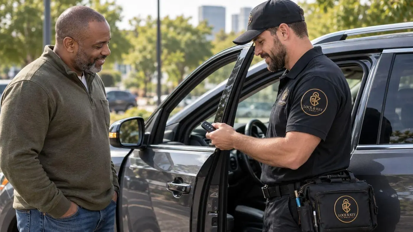 Lock & Key Pros technician preparing a replacement car key in Tarzana, California