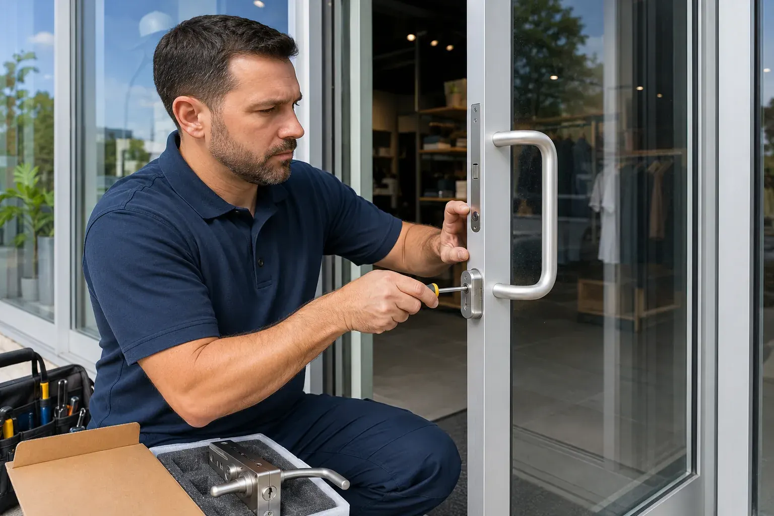 Commercial locksmith installing storefront lock hardware