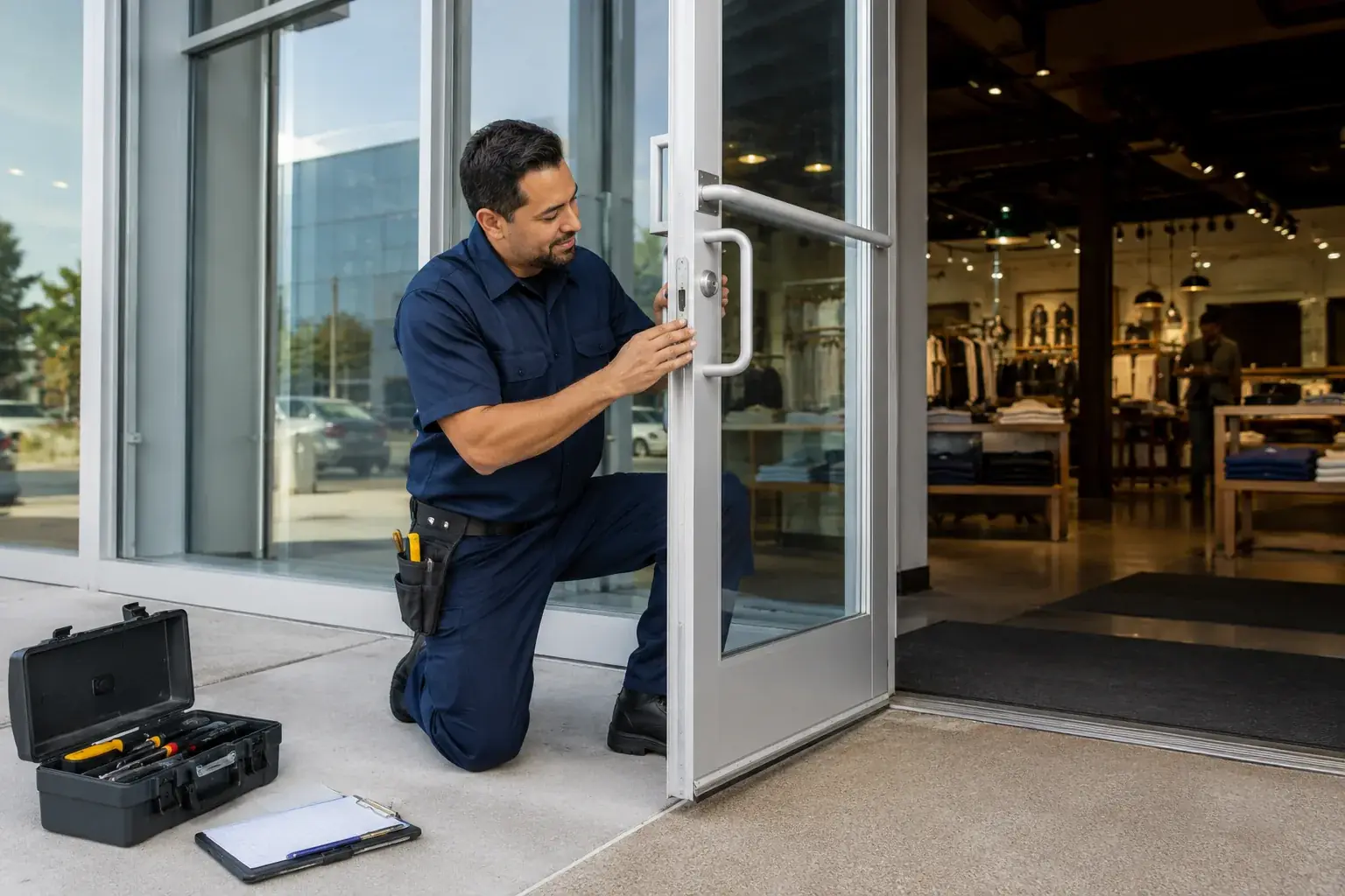 Commercial locksmith repairing storefront door lock hardware