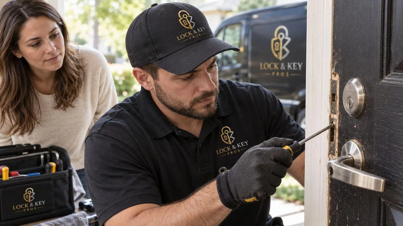 Lock & Key Pros emergency locksmith repairing and testing a damaged door lock in Tarzana, California