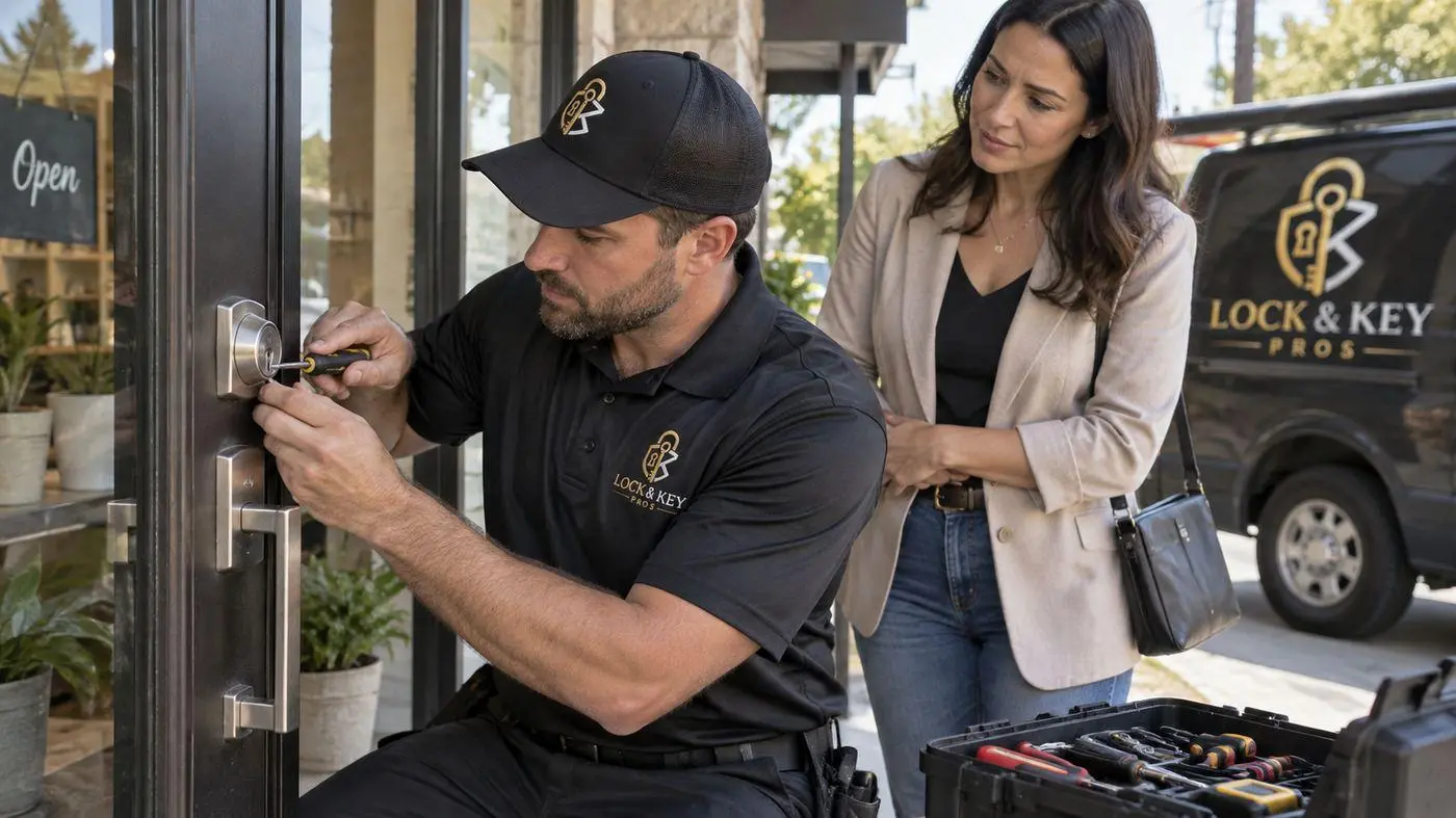 Lock & Key Pros emergency locksmith repairing and testing a damaged door lock in Tarzana, California