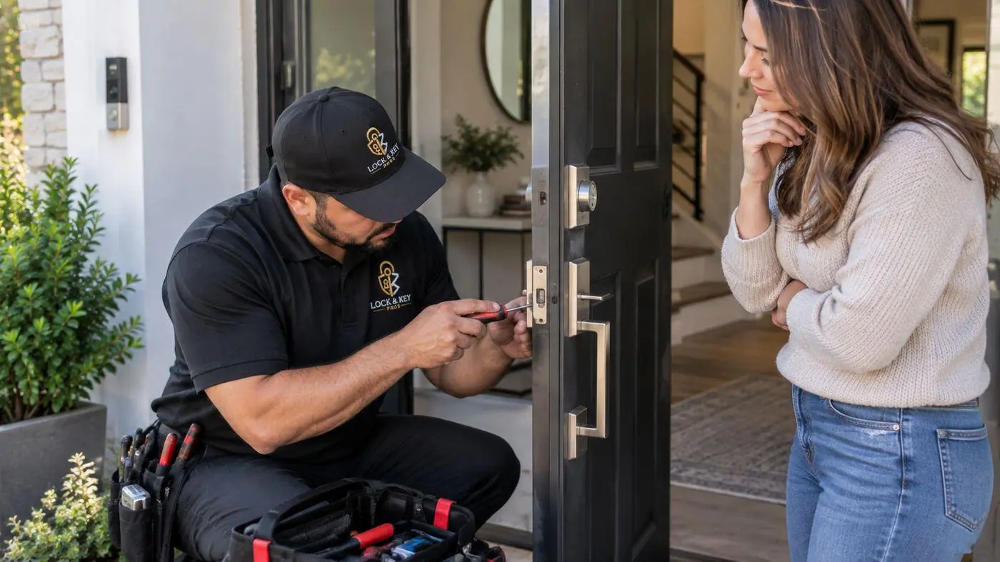 Lock & Key Pros emergency locksmith repairing and testing a damaged door lock in Tarzana, California