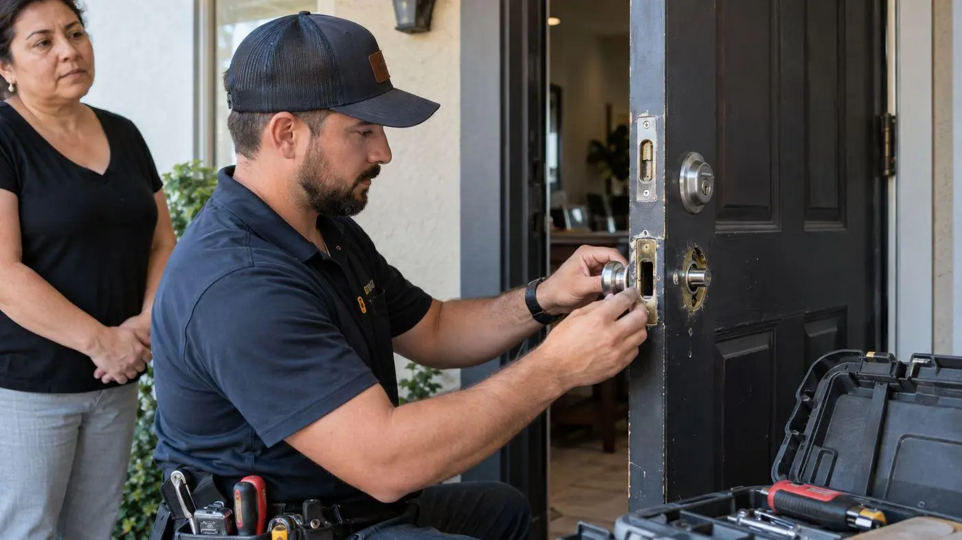 Lock & Key Pros emergency locksmith replacing and testing a failed door lock in Tarzana, California