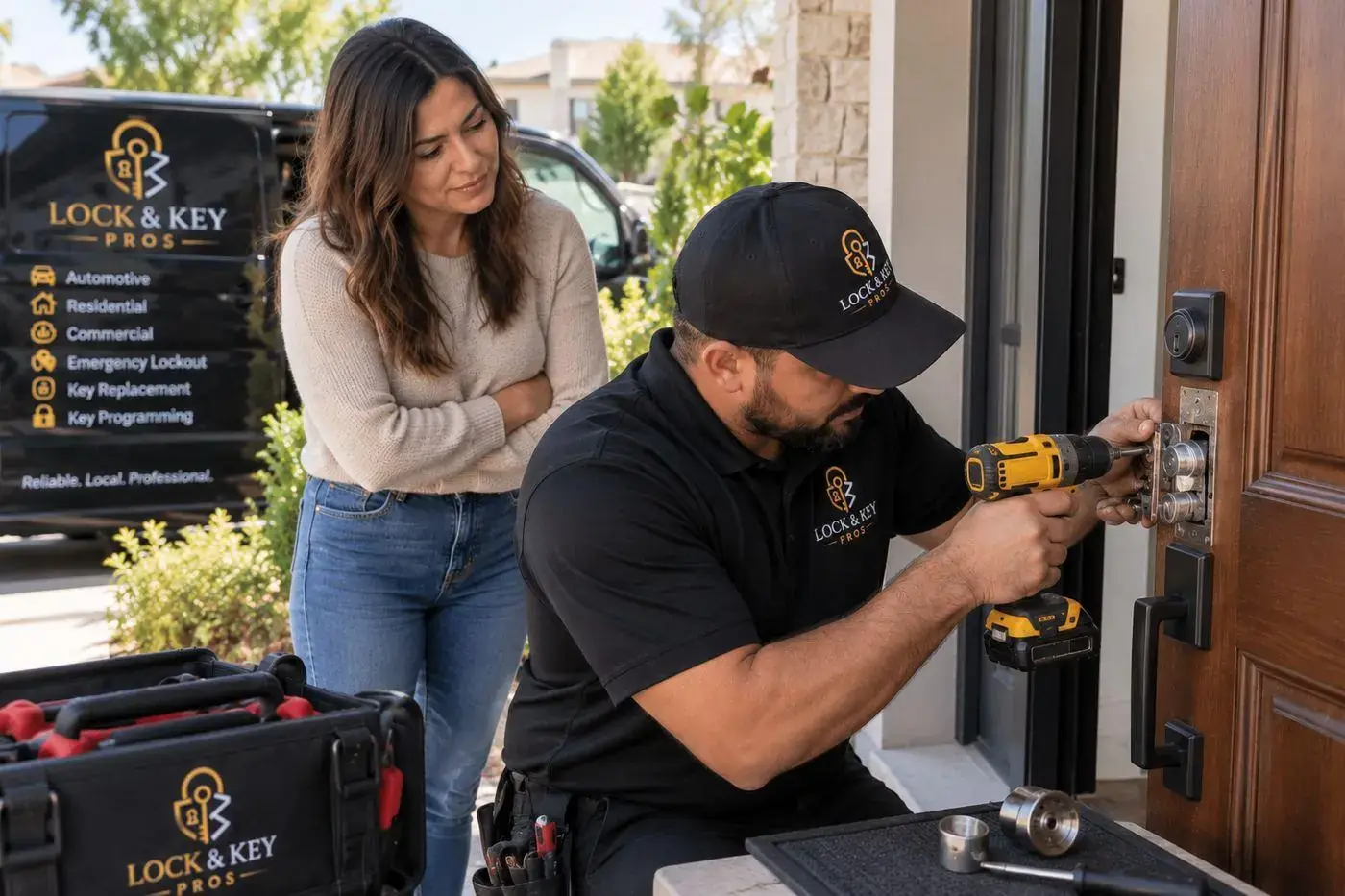 Lock & Key Pros emergency locksmith replacing and testing a failed door lock in Tarzana, California