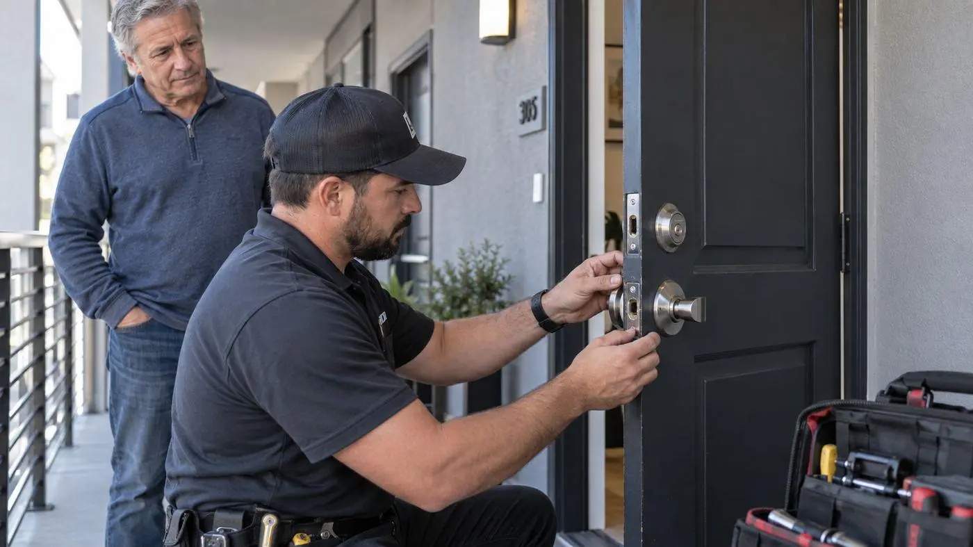 Lock & Key Pros emergency locksmith replacing and testing a failed door lock in Tarzana, California