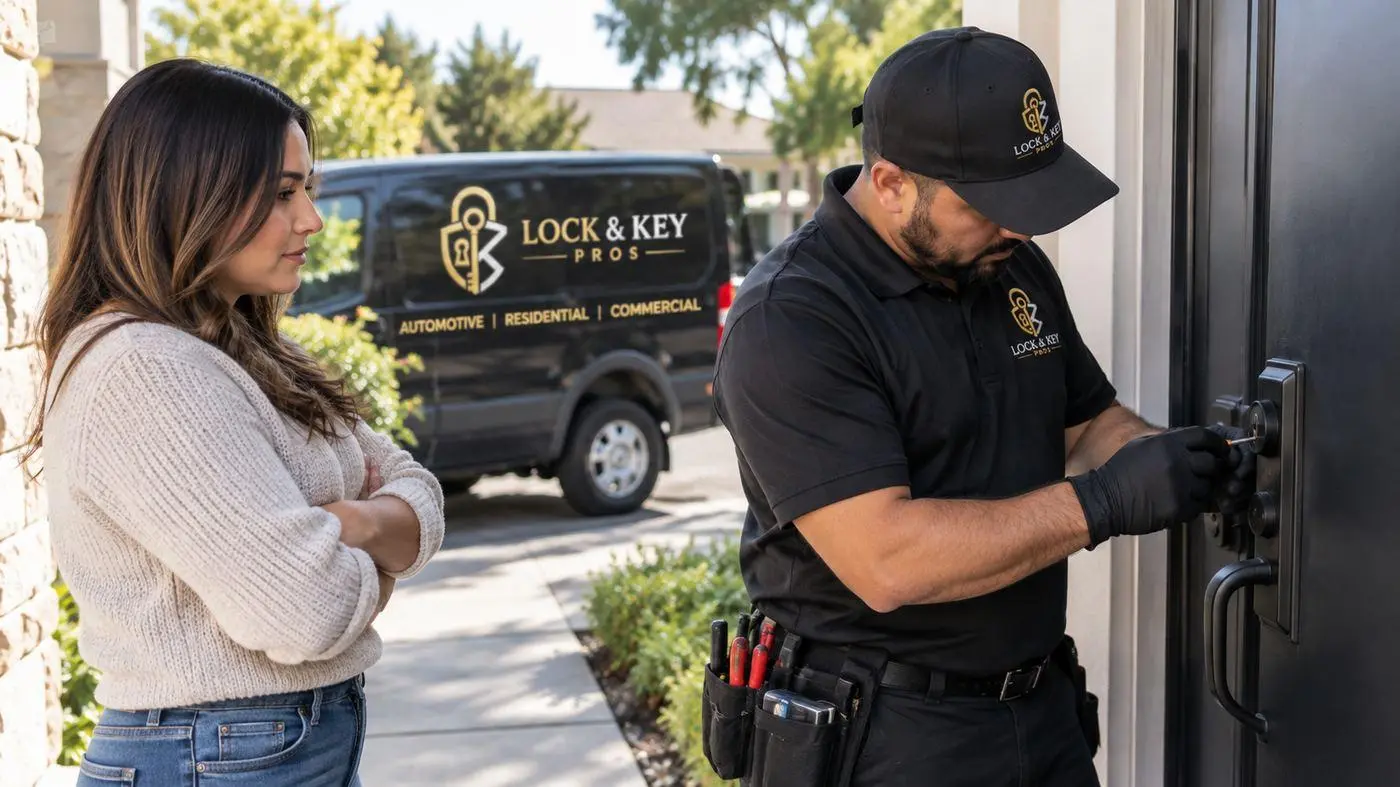 Lock & Key Pros 24/7 emergency locksmith helping with an authorized lockout in Tarzana, California