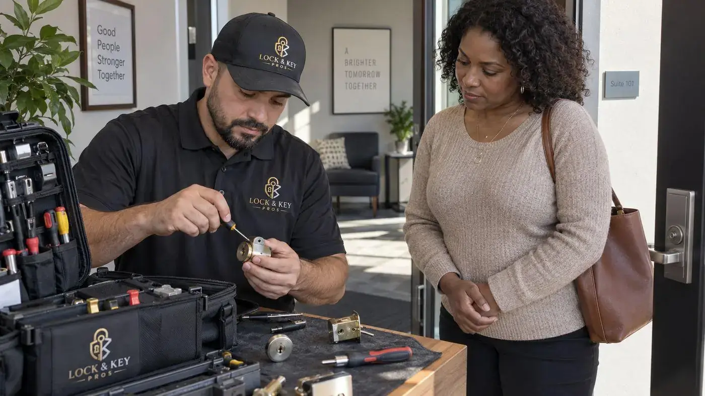 Lock & Key Pros locksmith rekeying and testing a lock after a lost key in Tarzana, California