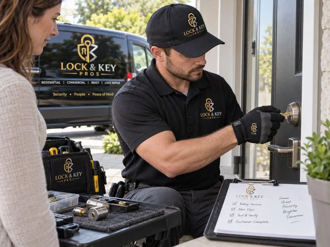 Lock & Key Pros locksmith rekeying and testing a lock after a lost key in Tarzana, California