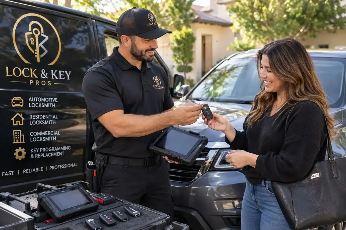 Lock & Key Pros automotive locksmith programming a vehicle key fob in Tarzana, California