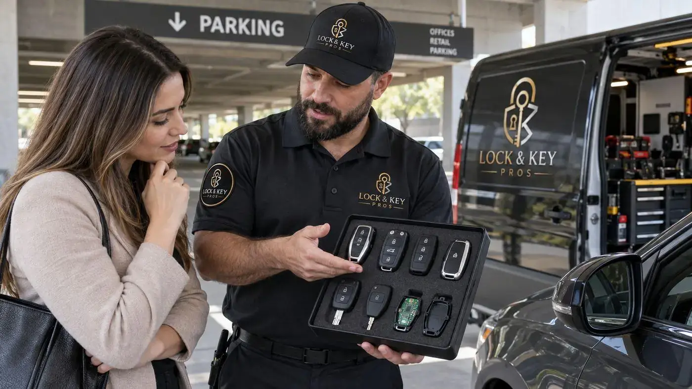 Lock & Key Pros automotive locksmith programming a vehicle key fob in Tarzana, California