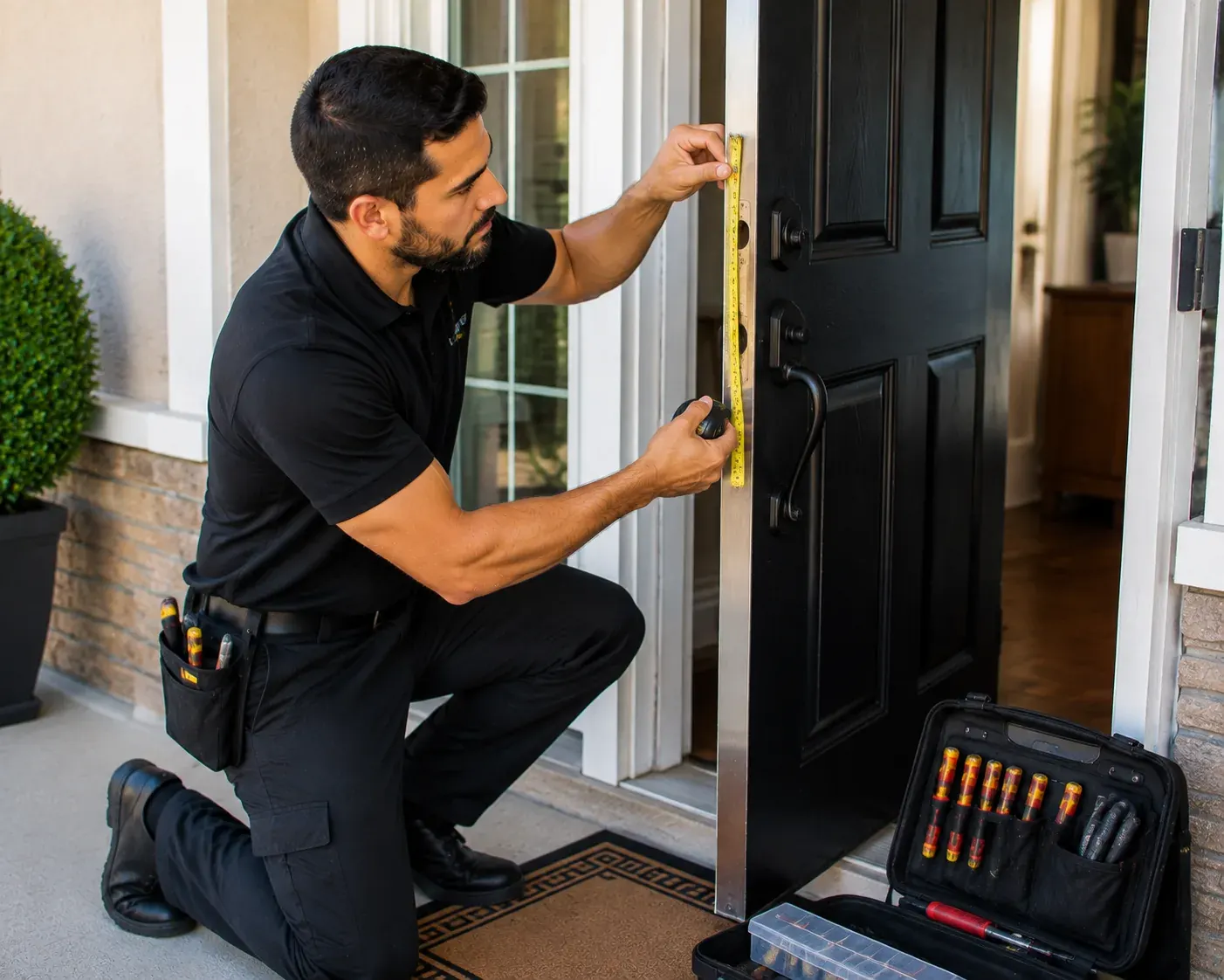 Locksmith measuring a door to prepare for new lock installation