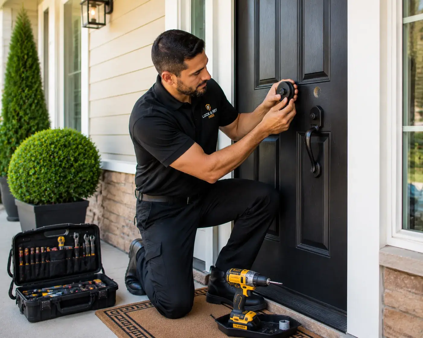 Locksmith installing and aligning a new door lock in Tarzana, CA