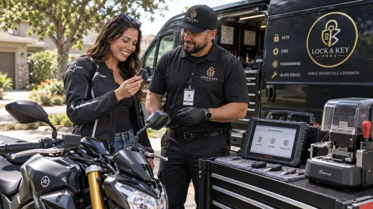 Lock & Key Pros locksmith preparing and testing a replacement motorcycle key in Tarzana, California