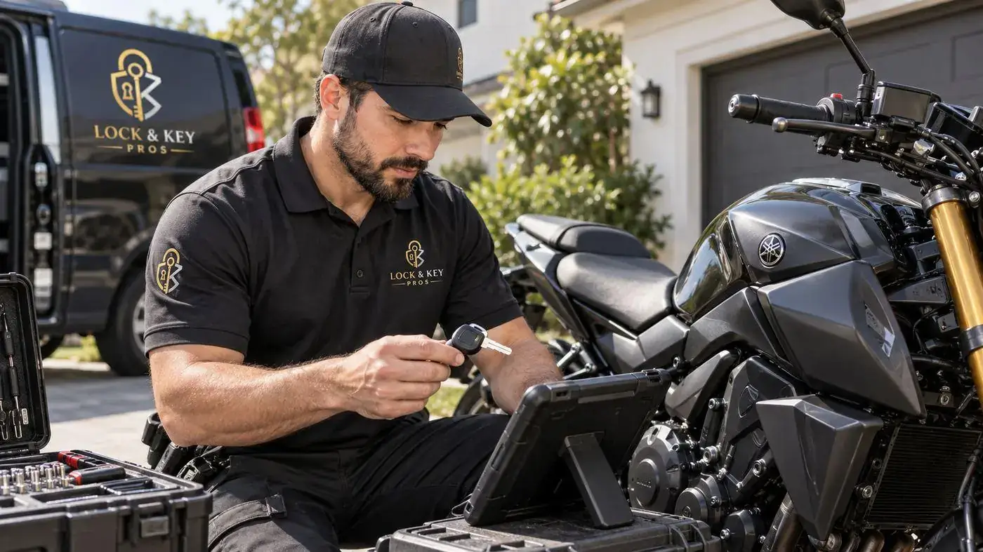 Lock & Key Pros locksmith preparing and testing a replacement motorcycle key in Tarzana, California
