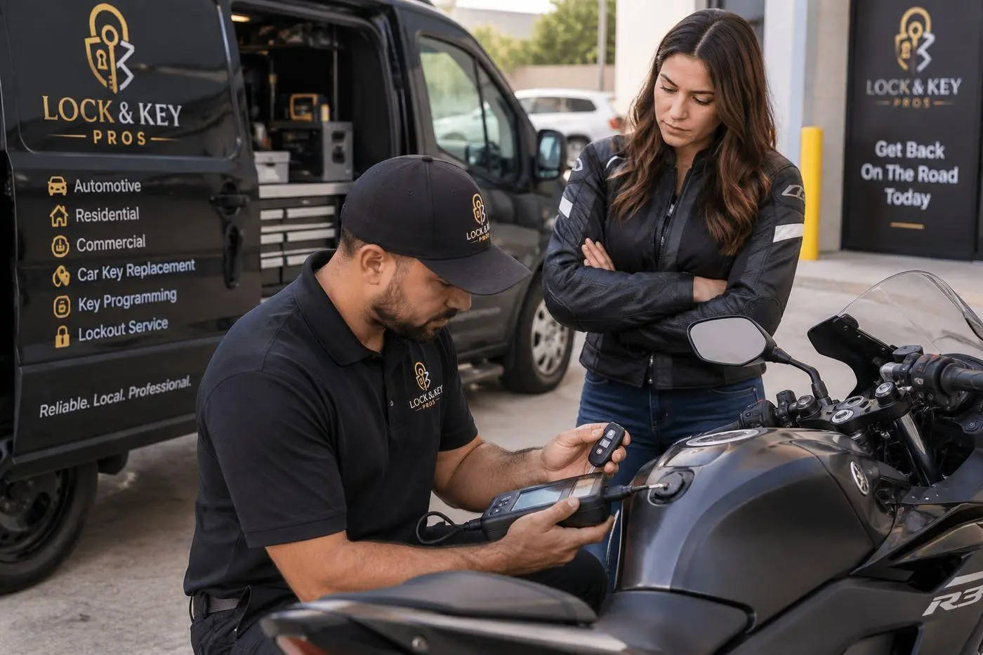 Lock & Key Pros locksmith preparing and testing a replacement motorcycle key in Tarzana, California