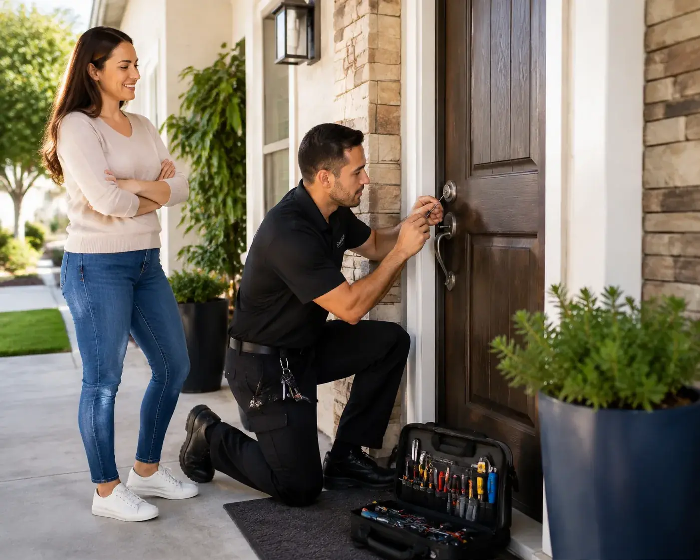 Locksmith assessing a residential door lock in Tarzana, CA