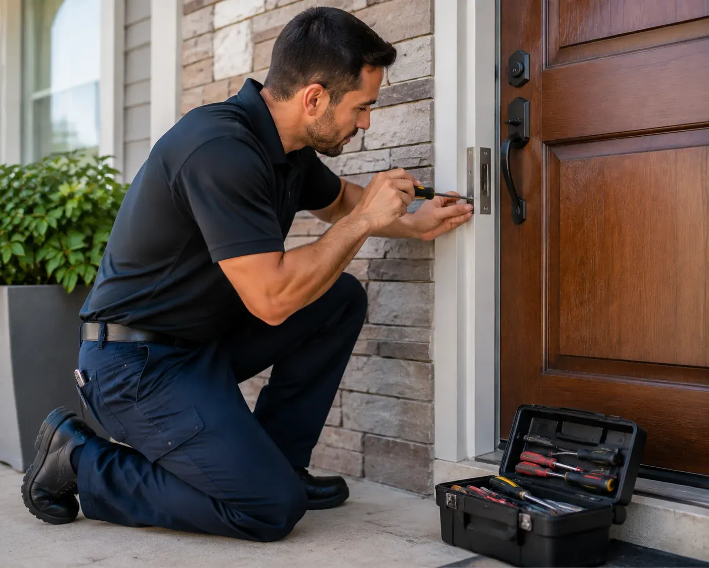 Locksmith inspecting residential door hardware in Tarzana, CA