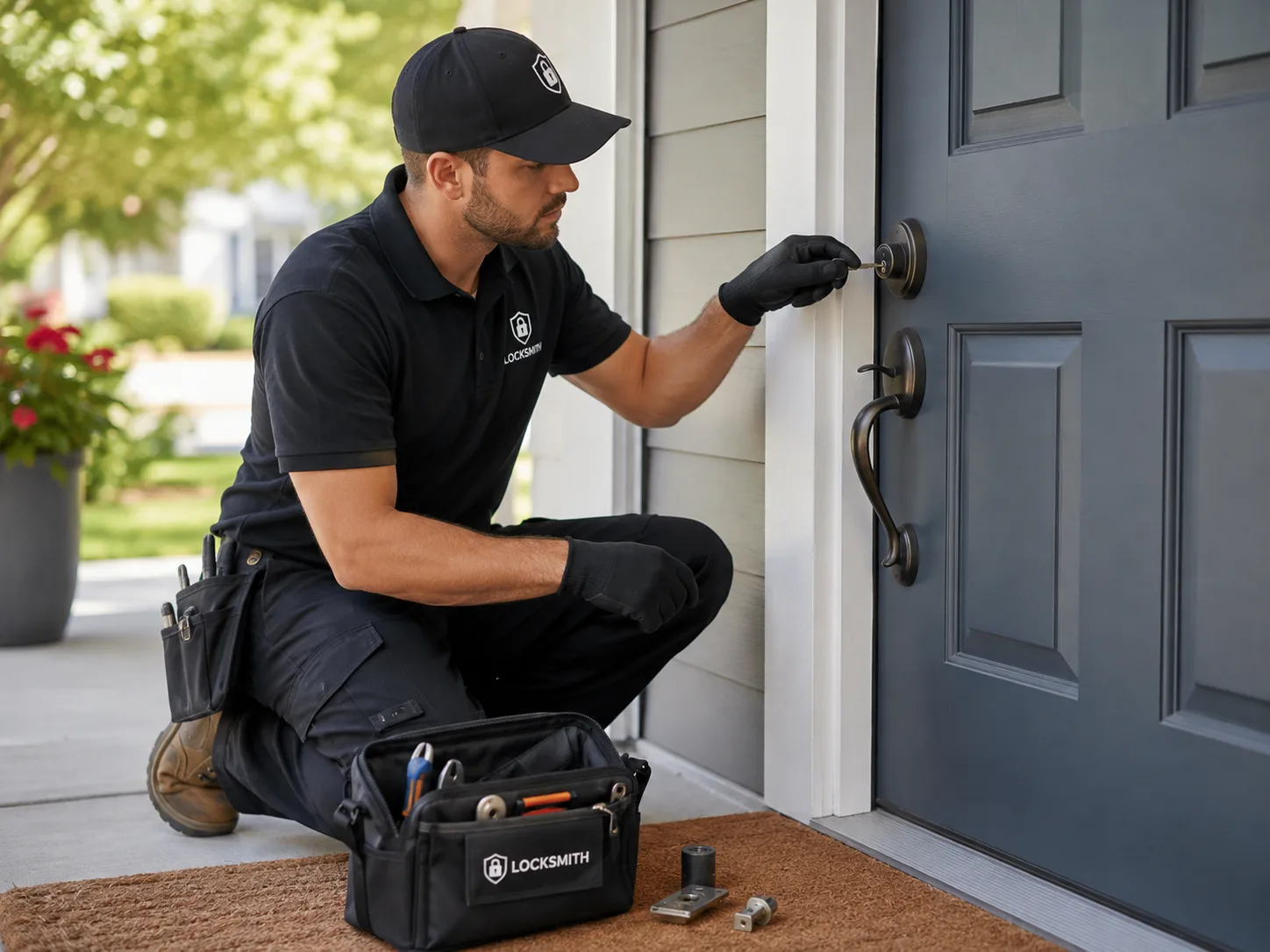 Locksmith testing a repaired residential door lock in Tarzana, CA