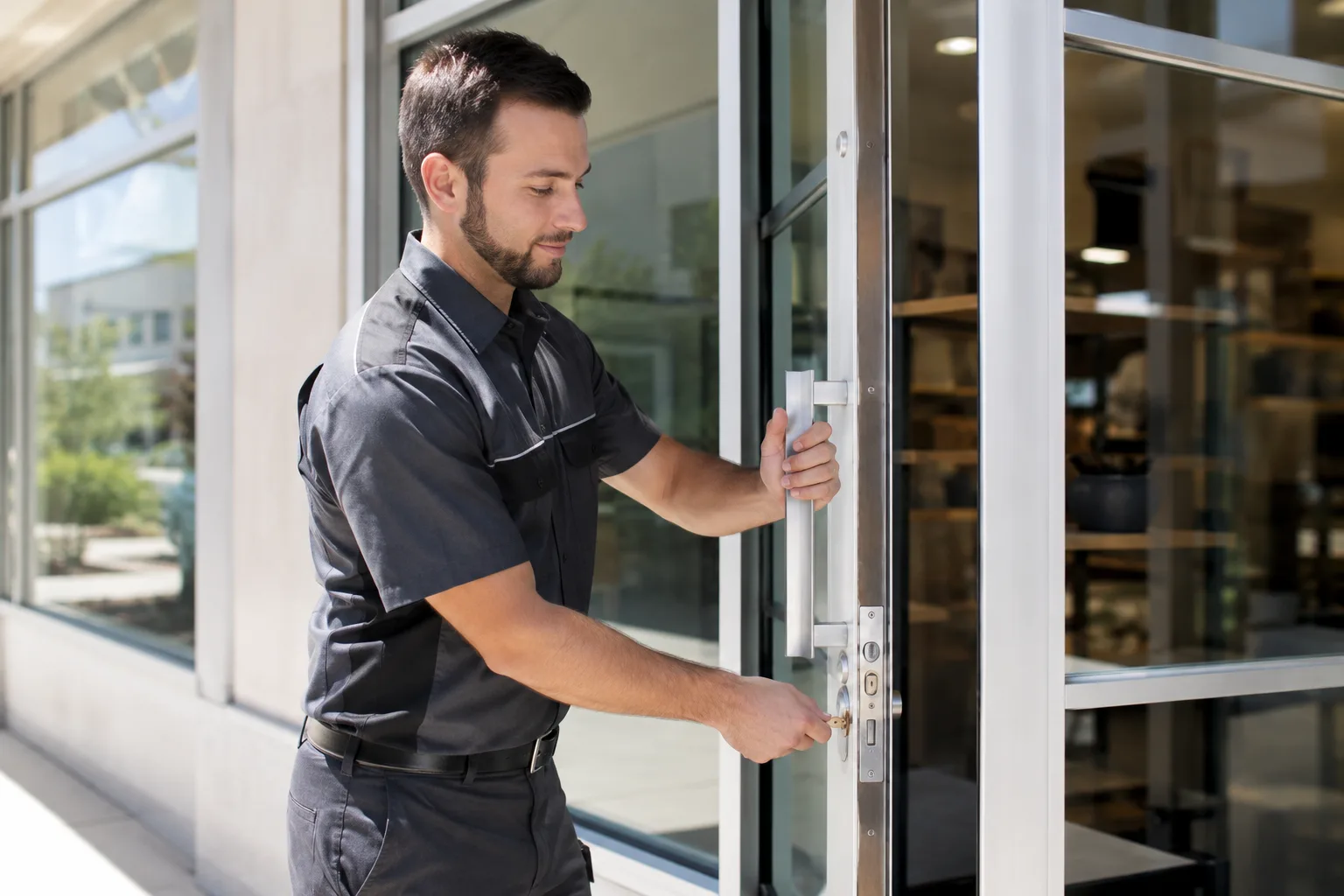 Commercial locksmith testing a storefront lock in Tarzana, CA
