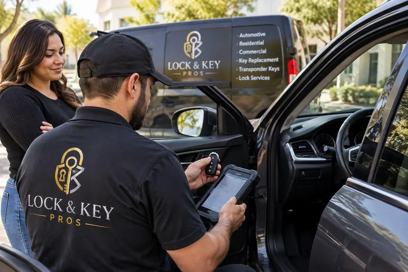 Lock & Key Pros technician programming and testing a transponder key in Tarzana, California