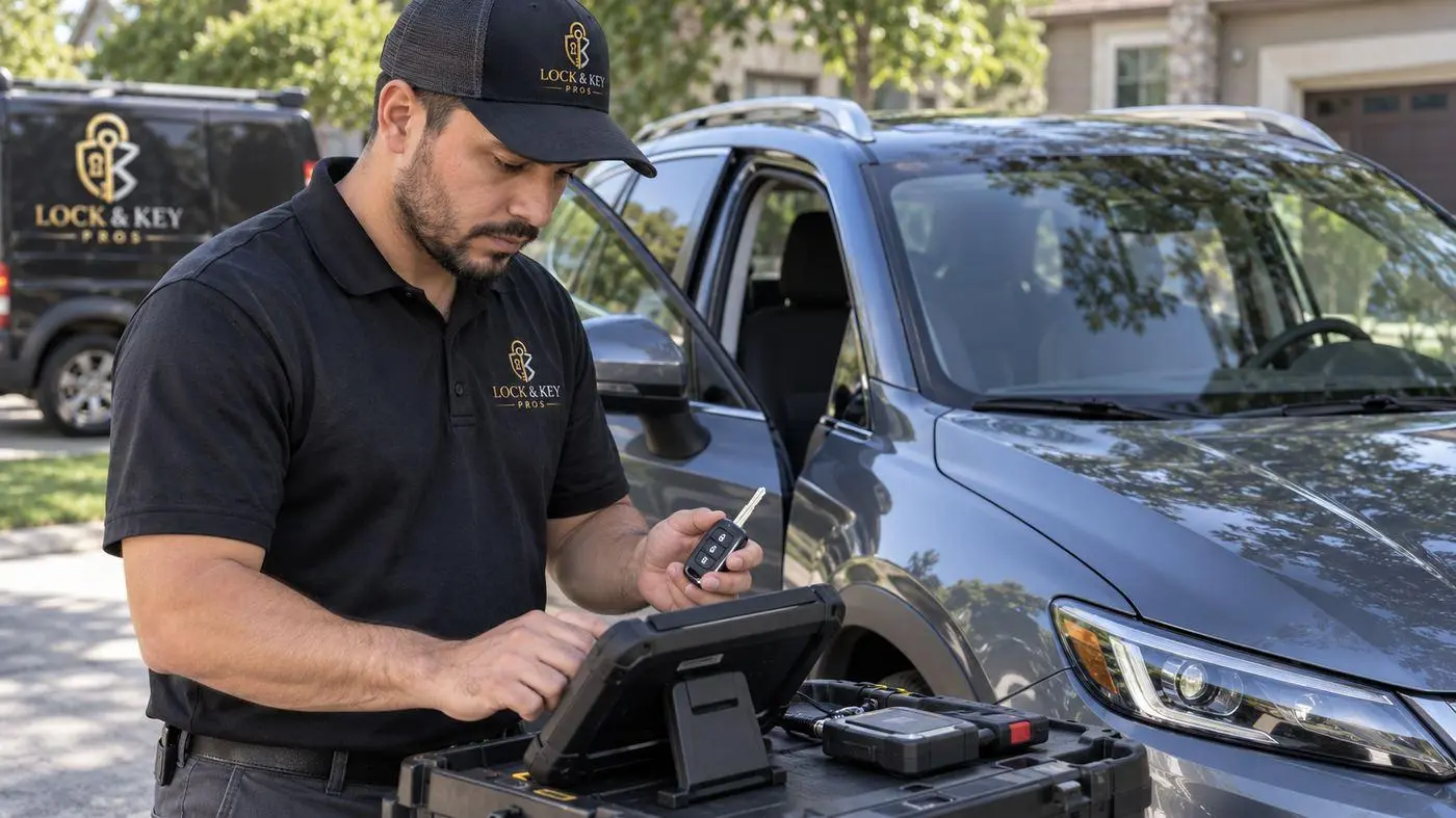 Lock & Key Pros technician programming and testing a transponder key in Tarzana, California