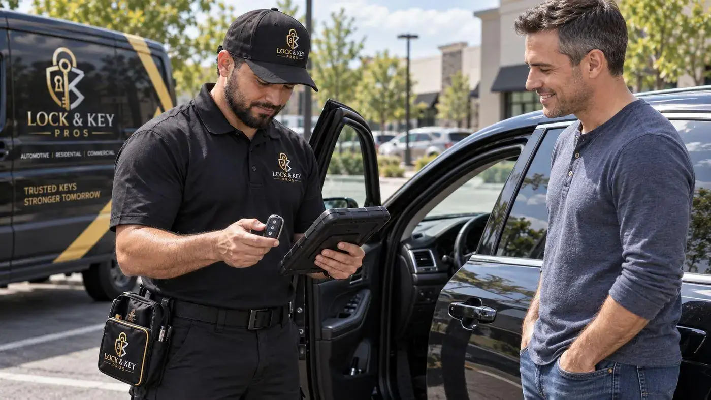 Lock & Key Pros technician programming and testing a transponder key in Tarzana, California